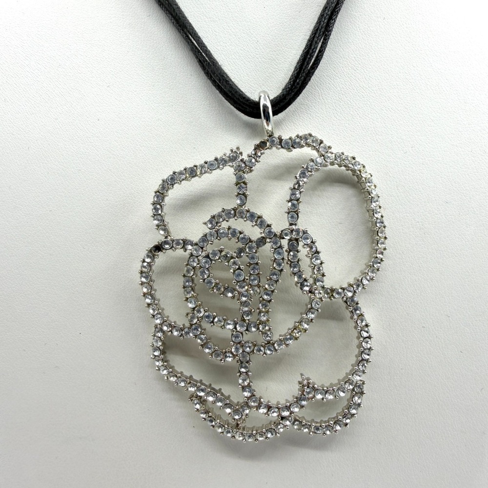 Rhinestone Flower Statement Necklace Black Cord Floral Pendant Romantic Bohemian